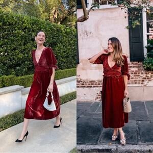 NWT NEW Sea New York Mayde Velvet Puff Sleeve Smocked Midi Dress in Rust